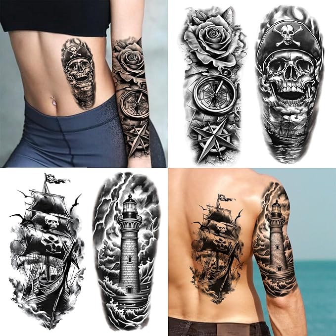 77 Sheets Pirate Skull Temporary Tattoo for Women Men, 17 Sheets Half Arm Large Flower Skeleton Octopus Fake Tattoos, 60 Sheets Anchor Clock Black Tiny for Adult Kids Body Tattoos Stickers Realistic