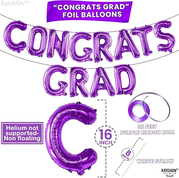 KatchOn, Purple Congrats Grad Balloons - 16 Inch | Congrats Grad Foil Balloon Banner For Graduation Decorations 2025 | Foil Balloon Banner For 2025 Graduation Party Decorations