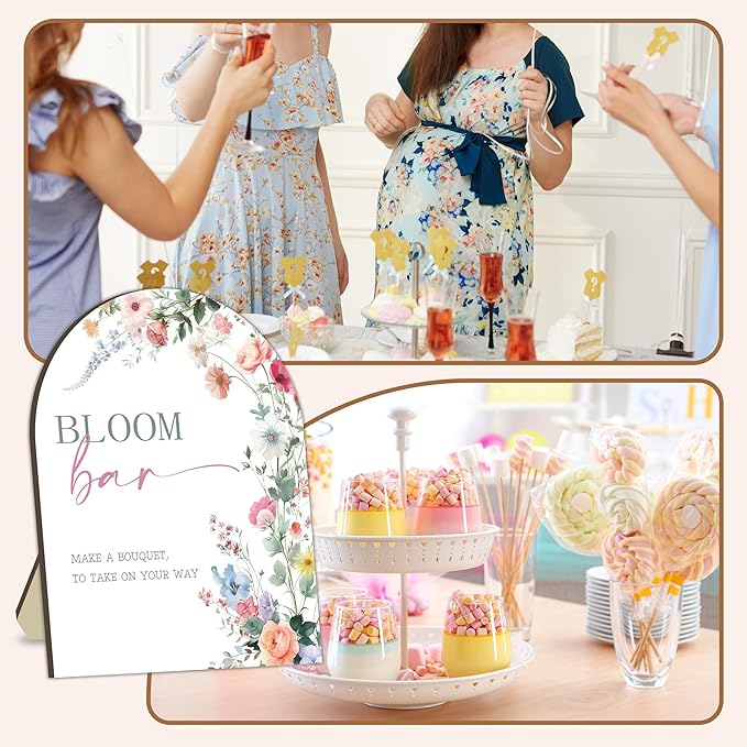 Floral Bouquet Bar Wooden Sign, Bride Shower Flower Bar Station, Baby Shower Bow Welcome Tabletop Sign Decor, Floral Table Signs for Gender Reveal Parties, Bridal Shower Bouquet Decorations Signs