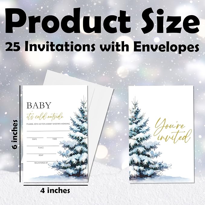 4'' x 6'' Baby It's Cold Outside Baby Shower Invitations - 25 Tree & Snow Invited Cards with Envelopes - Winter Announcement Invites for Boys & Girls, Gender Reveal Party Supplies & Decor -A04