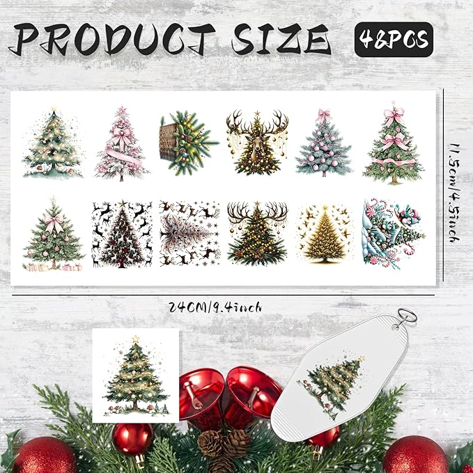 UV DTF Keychain Sticker,48 Sheets Star Christmas Tree Bright Holiday Scene Transfer Stickers Suitable for Hotel Keychains