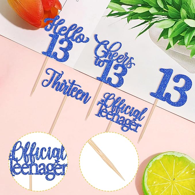30PCS Happy 13th Birthday Cupcake Toppers Glitter Thirteen Official Teenager Hello 13 Cupcake Picks Cheers to 13 Birthday Decorations for 13th Birthday Anniversary Party Cake Decor Supplies Blue