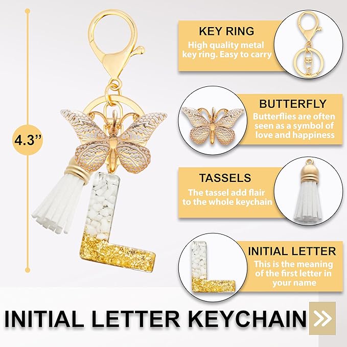 Initial Letter Keychain, Butterfly Keychain Cute Resin, Initial Keychain Backpack Charms, Key chain for Women, Girls