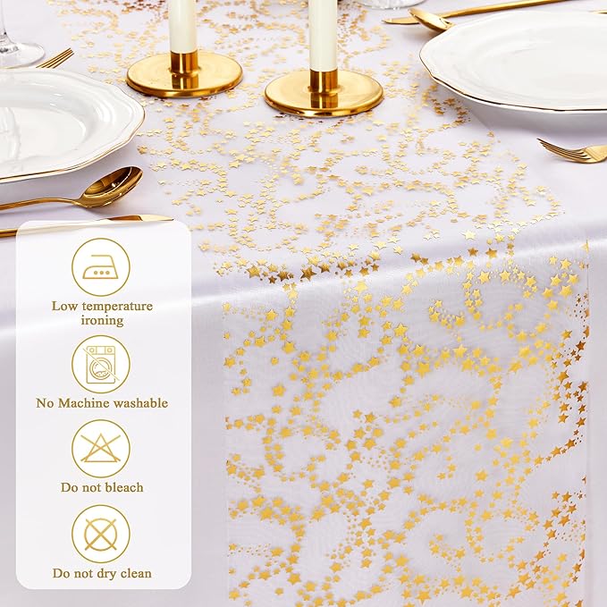 YATOJUZI Gold Table Runner,16 Ft Golden Star Sheer Chiffon Tulle Table Runner,Sequin Glitter Metallic Foil Gold Table Decorations Centerpiece for Wedding Birthday Christmas Party
