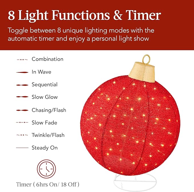 Best Choice Products 2pc Lighted Pop-Up Outdoor Christmas Ornament Set, Holiday Ball Decoration w/ 180 LED Lights, 8 Light Functions - Red/White