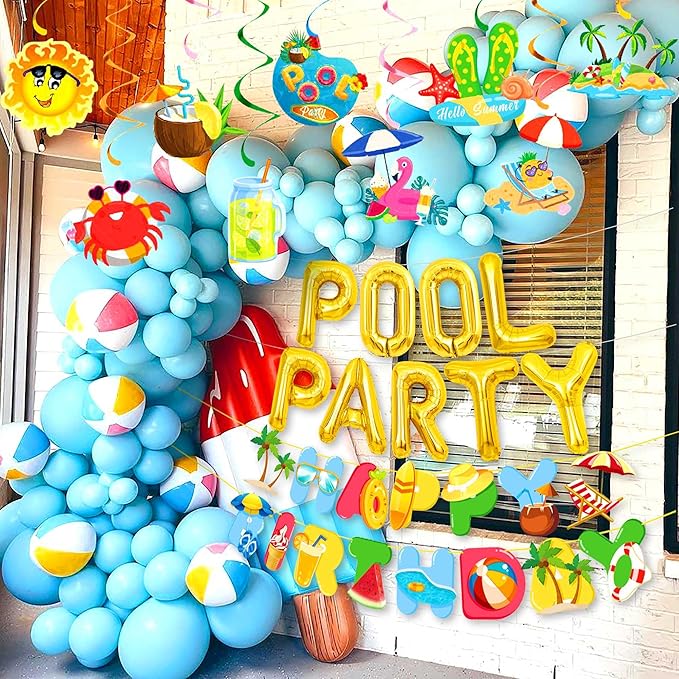 Summer Pool Beach Party Decoration, Pool Party Birthday Bash Party Decorations Tropical Balloons Banner for Kids Swimming Water Luau Tropical Hawaii Party Decoration Supplies
