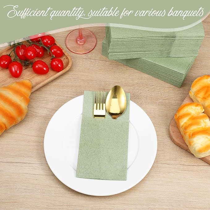 120 Pcs Sage Green Linen Feel Napkins with Pocket, 2 Ply Sage Green Wedding Napkins, Decorative Dinner Napkin Paper, Prefolded Paper Disposable Airlaid Guest Hand Towel (16 x 16 inch)