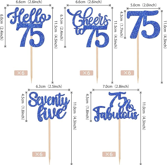 30PCS Happy 75th Birthday Cupcake Toppers Glitter Hello 75 Fabulous Seventy Five Cheers to 75 Years Old Birthday Cupcake Picks for Happy 75th Birthday Anniversary Party Cake Decor Supplies Blue