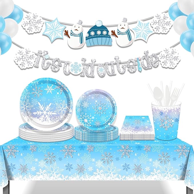 Snowflake Party Decorations,Winter,Christmas Include Blue Snow Party Plates, Dessert Plates,cups, Napkins (88pcs )