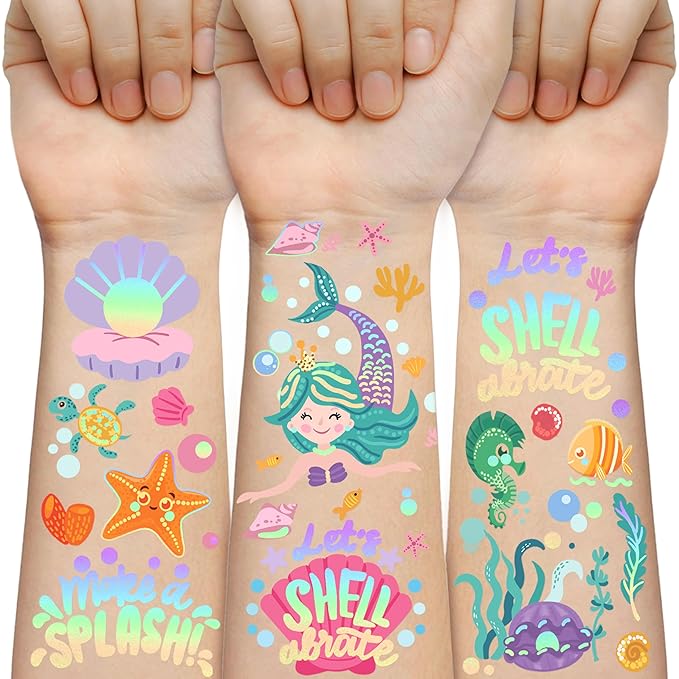 Mermaid Temporary Tattoos for Kids, 85+ Glitter Fake Tattoo, Pirate, Bluey, Dinosaur, Paw Patrol Sleeve Tattoos, Ocean Creatures & Animal, Birthday Party Gift for Boy & Girls