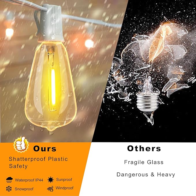 Outdoor String Lights 200FT Waterproof,Patio String Lights for Outside with Shatterproof 104 Edison LED Bulbs,Vintage Dimmable Hanging Lights for Christmas,Wedding,2 Pack × 100FT White Cable