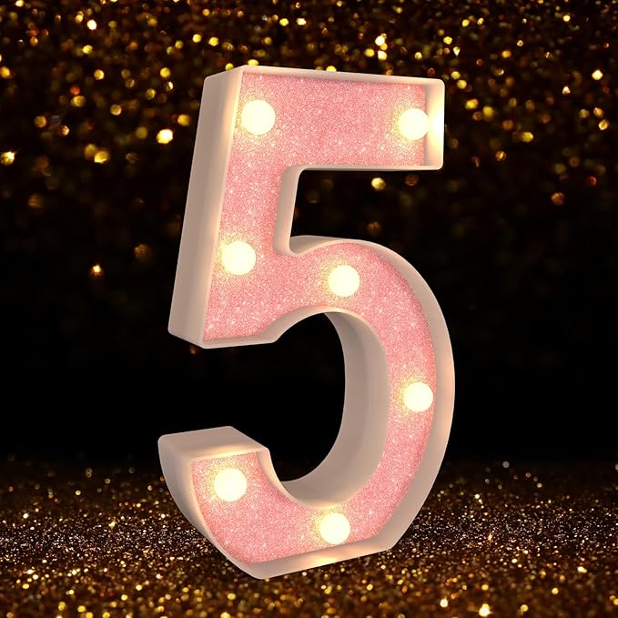 Marquee Light up Numbers 0-9, Battery Powered LED Light, Pink Glitter Plastic Sign, Night Light Decor for Graduation, Engagement, Wedding, Baby Shower, Birthday (Number 5)