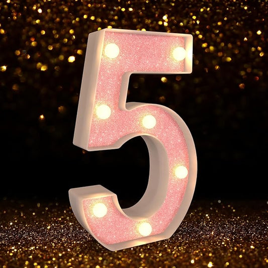Marquee Light up Numbers 0-9, Battery Powered LED Light, Pink Glitter Plastic Sign, Night Light Decor for Graduation, Engagement, Wedding, Baby Shower, Birthday (Number 5)