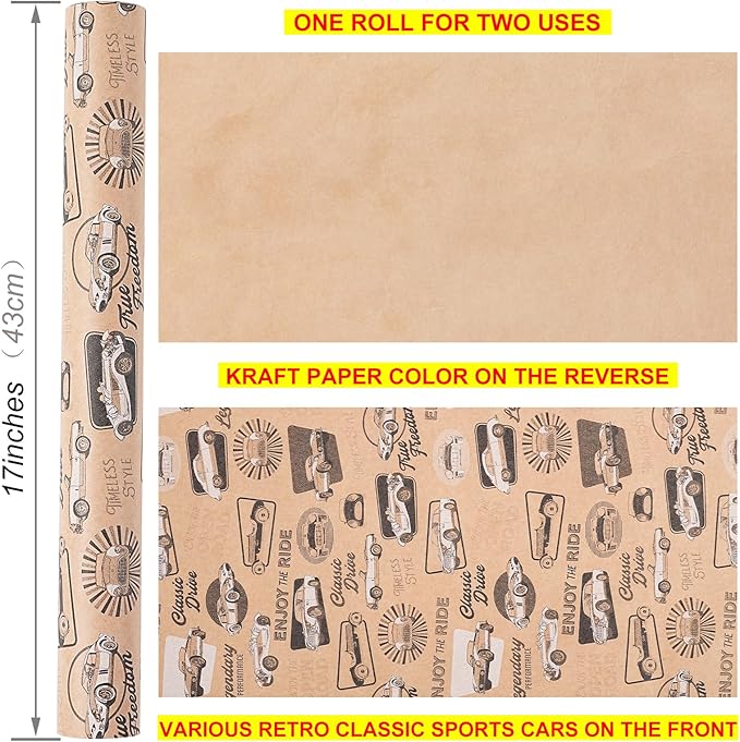 Ulmasinn Kraft Birthday Wrapping Paper Roll - 17 Inches X 33 Feet - for Boys Girls Kids Retro Classic Racing Sports Car Pattern Great for Birthday, Party, Anniversary