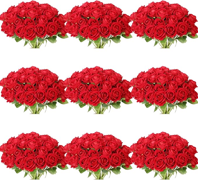 102 PCS Fake Roses Artificial Flowers Bulk, Red Roses Bridal Bouquet Silk Faux Rose with Stems for Wedding Flowers Decoration, Valentine's Day, Bridal Bouquet, Anniversary,Home Decor (102PCS, Red)