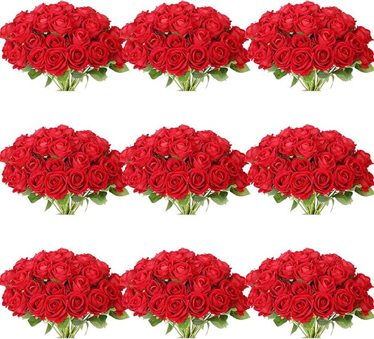 102 PCS Fake Roses Artificial Flowers Bulk, Red Roses Bridal Bouquet Silk Faux Rose with Stems for Wedding Flowers Decoration, Valentine's Day, Bridal Bouquet, Anniversary,Home Decor (102PCS, Red)