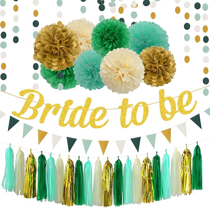 Sage-Green Beige-Gold Bridal Shower Party-Decorations - 31pcs Kits Bride to Be Banner Flags, Tissue Paper Pom Poms Streamers,Bachelorette Tassel Garland Decor Panduola