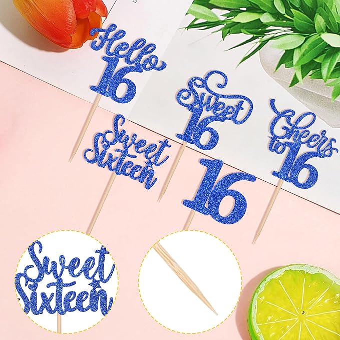 30PCS Happy 16th Birthday Cupcake Toppers Glitter Sweet Sixteen Hello 16 Cupcake Picks Cheers to 16 Birthday Decorations for 16th Birthday Anniversary Party Cake Decoration Supplies Blue