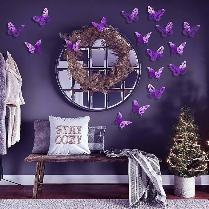 Purple Butterfly Decorations, 48Pcs 2 Styles 3 Sizes Butterflies for Grad Graduation Caps Cake Cupcake Toppers, 3D Paper Sticker for Bouquets Birthday Baby Shower Kids Girl Room Nursery Wall Decor