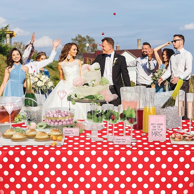 WNINK 2 Pack Red and White Polka Dot Tablecloths – Disposable Plastic Waterproof Table Cover, 54" x 108", for Birthday, Wedding, Bridal Shower, Bachelor Party, and Picnic