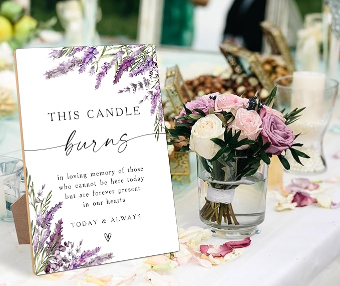 This Candle Burns Memorial Sign, Lavender Memorial Table Sign, Bridal Shower Decoration, Engagement Party Decor, Purple Floral Wooden Signs with Stand for Wedding Reception And Bridal Party Decor - 44