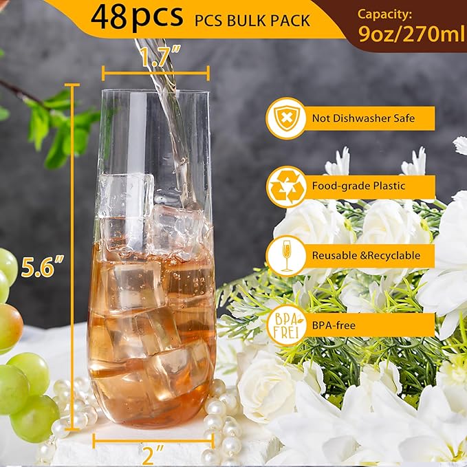 SUT 48 PCS Plastic Champagne Flutes Disposable, Shatterproof Mimosa Glasses for Wedding, Bridal Shower, Party Supplies – Stemless Elegant Cups Bulk Pack (Clear, 9 oz) – Unbreakable Catering Glasses