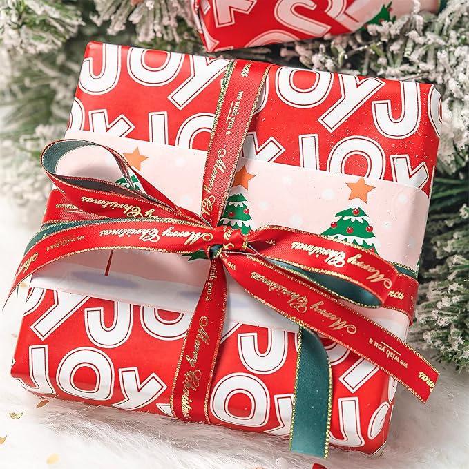 WRAPAHOLIC 30 Inch Jumbo Reversible Christmas Wrapping Paper - 30 Inch x 100 Feet Jumbo Roll Christmas Tree Wrapping Paper with Joy Lettering Perfect for Holiday, Party, Celebration