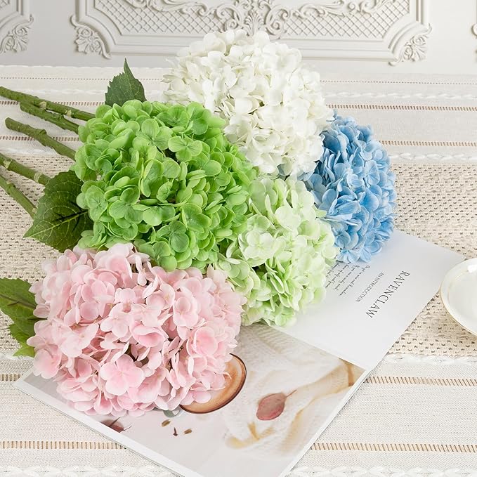 BonBloom's 3 Pcs Dark Green Hydrangea Artificial Flowers, Latex Real Touch Faux Hydrangeas Lifelike Stem & Blooms Fake Flowers for Wedding Bouquet Party Outdoor Table Centerpieces Home Decor