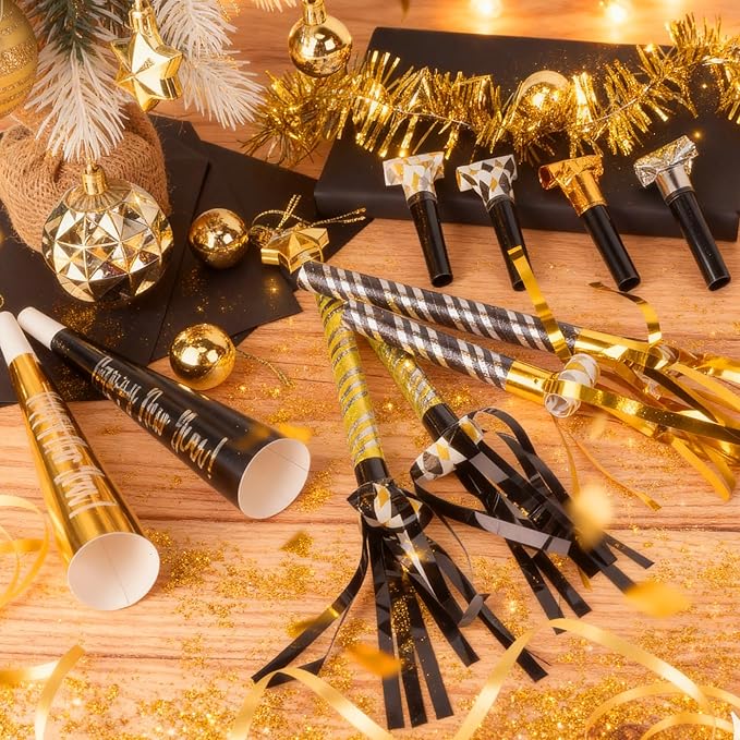100pcs New Years Eve Party Supplies 2026 Black, Gold & Silver Party Blowers, New Years Decorations Noisemakers for Kids & Adults Nye Decorations