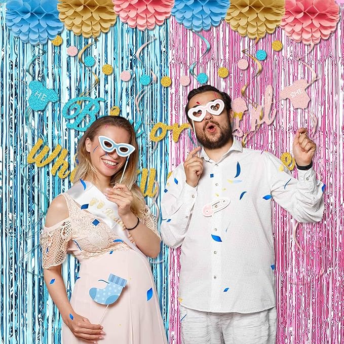 6 Pack Pink Blue Foil Fringe Curtains Backdrop, 3.28 x 8.2 Ft Metallic Streamers Tinsel Curtains Background for Photo Booth, Birthday, Christmas, Halloween, Thanksgiving, New Year Party Decorations