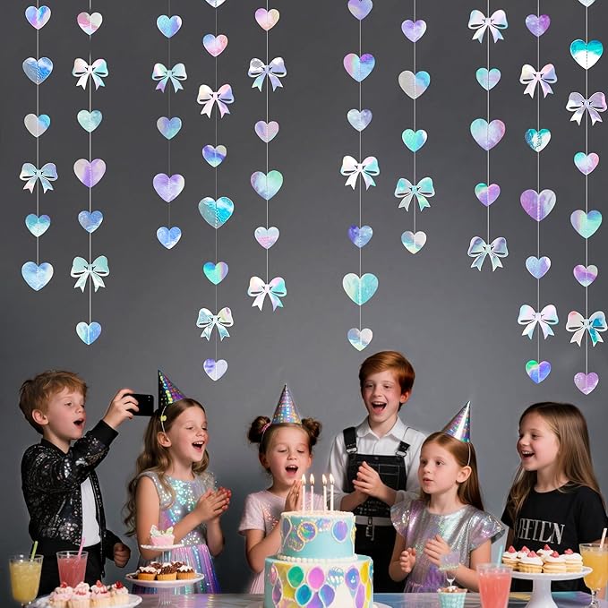 Iridescent Bow Decorations Holographic Paper Heart Bow Hanging Garland Streamer for Coquette Bachelorette Birthday Valentines Wedding Bridal Shower Engagement Anniversary Party Decorations Supplies