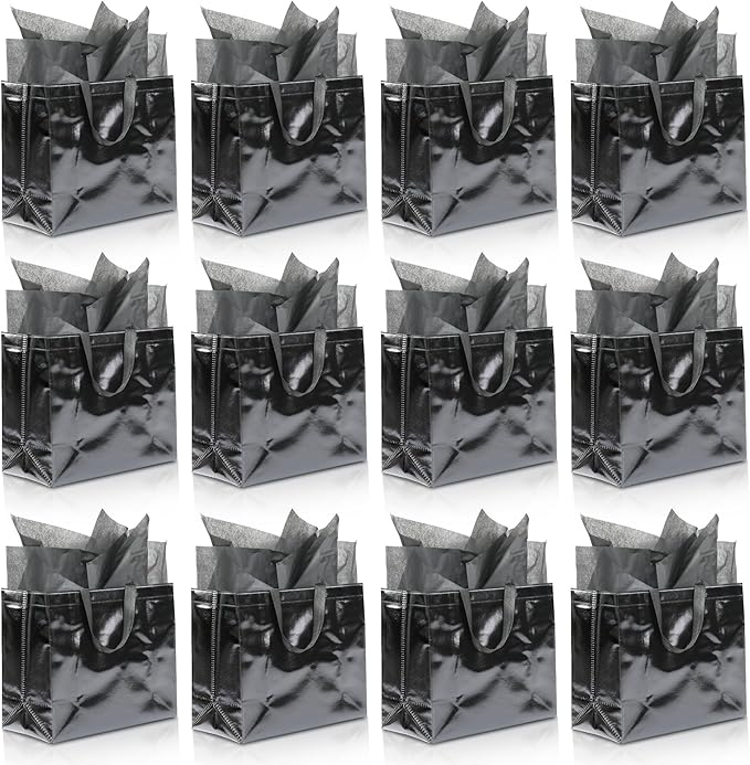 KeerxunBag 12Pcs Reusable Gift Bags（Includes Tissue Paper） Gift bag with handle Birthdays Parties Holidays Weddings Medium 13x5x11in Black Gift Bags