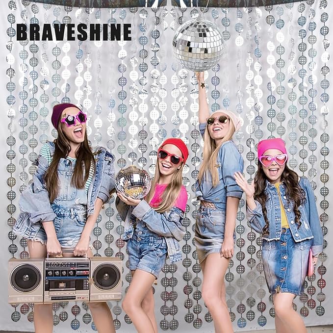 BRAVESHINE Hanging Balls Party Streamers Backdrop - 2 Pack Silver Tinsel Foil Fringe Curtains for 70s 80s 90s Discoball Party, Birthdays, Bachelorette, Engagement, Music, Dance,New Years Decorations