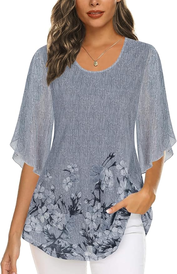 Ninedaily Women's Tops 3/4 Sleeve Blouses Dressy Casual Double Layers Mesh Tunic Shirts