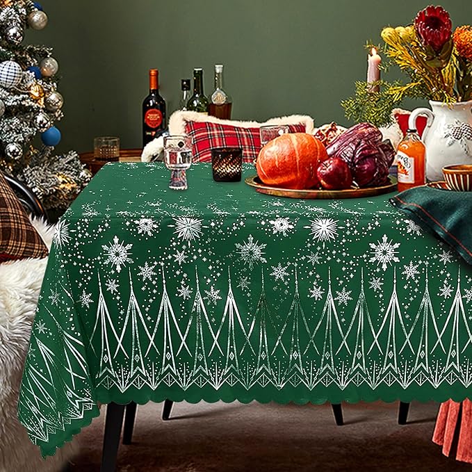 LUSHVIDA Christmas Tablecloth, 60 x 120 Inch Rectangle Table Cloth Washable Water Resistance Decorative Microfiber Table Cover for Banquet Holiday Party Kitchen Dining, Green