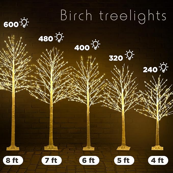 Baquler 10 Pack Lighted Birch Tree - Large Christmas Warm-White LED 8 Mode Light Birch Tree Decoration Set for Thanksgiving Holiday Fall Winter Party Decor, Indoor & Outdoor (4 5 6 7 8 ft)