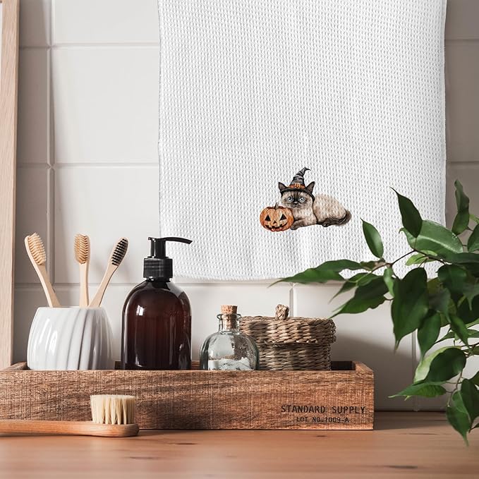 TNUW Halloween Witchy Siamese Cat Pumpkin Kitchen Towels 16x24 Inch, Siamese Cat Gifts Dish Tea Towels for Kitchen, Halloween Witch Kitten Spooky Pumpkin Decorative Hand Towel for Bathroom Decor