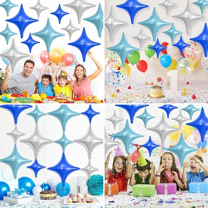 Blue Silver Star Balloons,12Pcs Four Angle Star Foil Balloons,26Inch and 10Inch Blue Silver Quadrangle Helium Balloon for Birthday Anniversary Party Decorations