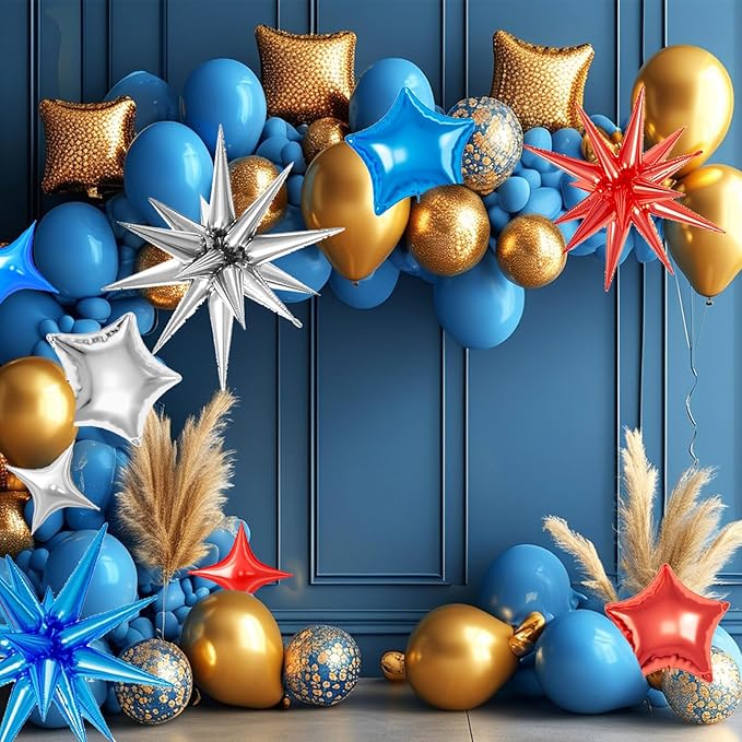 21 Pcs Star Balloons,22/18/10 Inch Star Foil Mylar Balloon,Spike Balloon and Four Pointed Balloons for Party Supplies Christmas Birthday Wedding Photo Booth (Silver Red Blue)