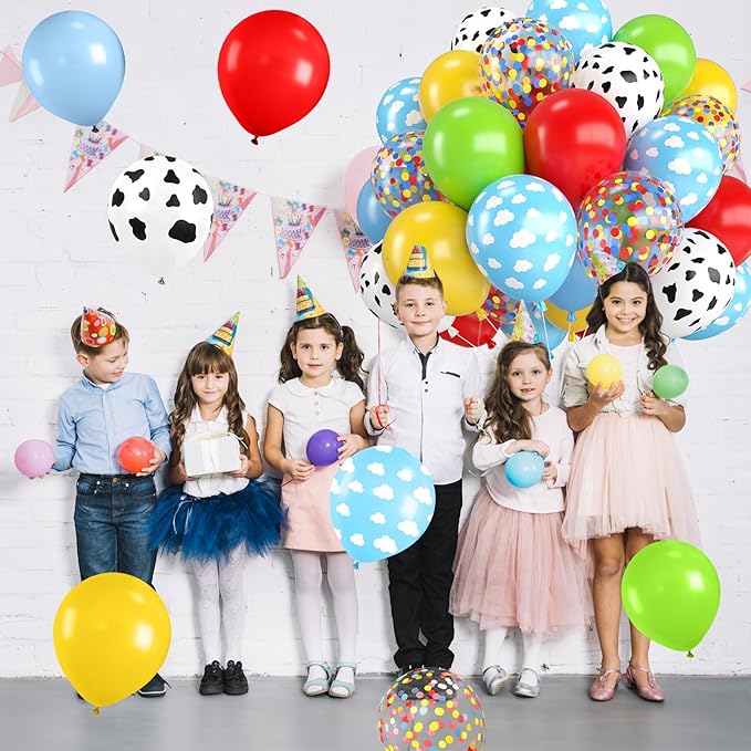 Red Yellow Blue Balloons,12 Inch Cow Print Sky Blue Cloud Balloons and Red Blue Yellow Green Confetti Balloon for Boys GirlsThemed Birthday Party Decorations