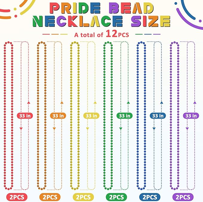12PCS Pride Accessories, Pride LGBTQ Beads Necklace Stuff, Metallic 6 Kinds of Rainbow Necklace Bulk, Gay Lesbian LGBT Costumes Decorations for Pride Month Parade Throws Party Favors