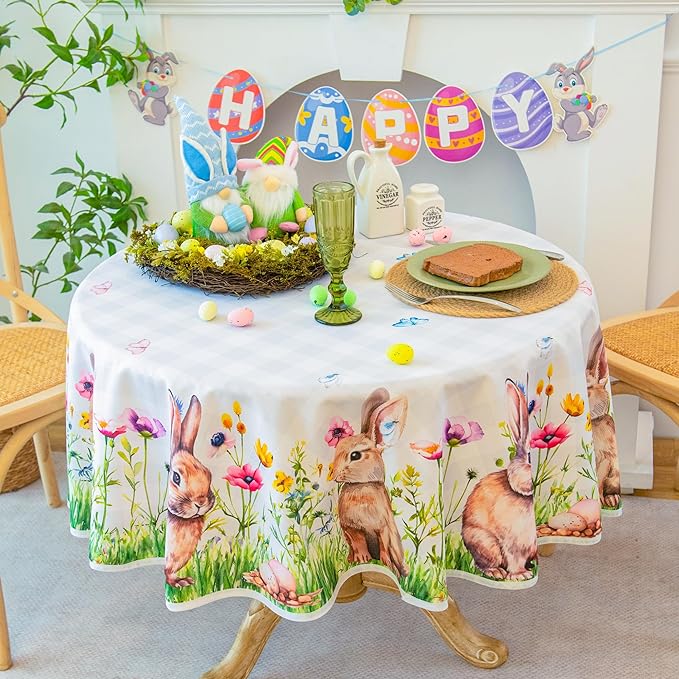Easter Bunny Tablecloth Waterproof, Spring Floral Print Rectangular Table Cloth, Stain Resistant Table Cover Perfect for Dining & Kitchen Decor, 60 inch Round