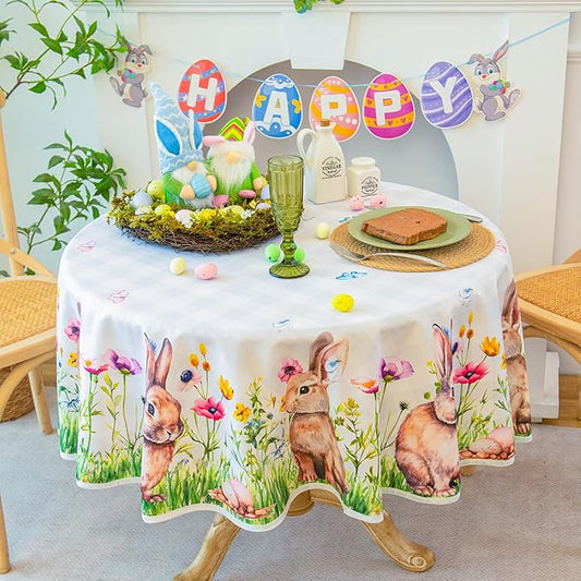 Easter Bunny Tablecloth Waterproof, Spring Floral Print Rectangular Table Cloth, Stain Resistant Table Cover Perfect for Dining & Kitchen Decor, 60 inch Round