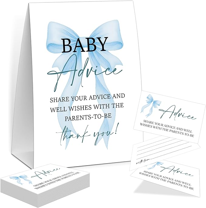 Blue Bow Baby Shower Advice for Parents To Be, Baby Shower Game, Include One 5×7 Sign and 50 Advice Cards, Blue Coquette Bow Gender Reveal Party Decoration Supplies - FH02