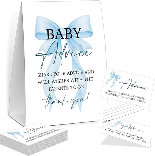 Blue Bow Baby Shower Advice for Parents To Be, Baby Shower Game, Include One 5×7 Sign and 50 Advice Cards, Blue Coquette Bow Gender Reveal Party Decoration Supplies - FH02