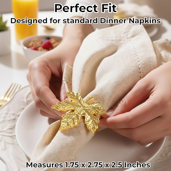 Elegant Handcrafted Leaf Napkin Rings - Set of 12 Premium Aluminum Holders for Dinner Parties, Weddings, Special Occasions & Everyday Dining (Gold) - CLEENTABLE