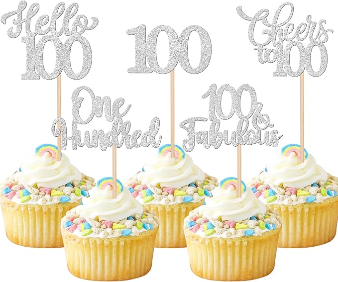 30PCS Happy 100th Birthday Cupcake Toppers One Hundred Cheers to 100 Years Birthday Cupcake Picks Hello 100 Fabulous Cake Decorations for Happy 100th Birthday Anniversary Party Supplies Silver