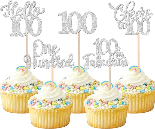 30PCS Happy 100th Birthday Cupcake Toppers One Hundred Cheers to 100 Years Birthday Cupcake Picks Hello 100 Fabulous Cake Decorations for Happy 100th Birthday Anniversary Party Supplies Silver
