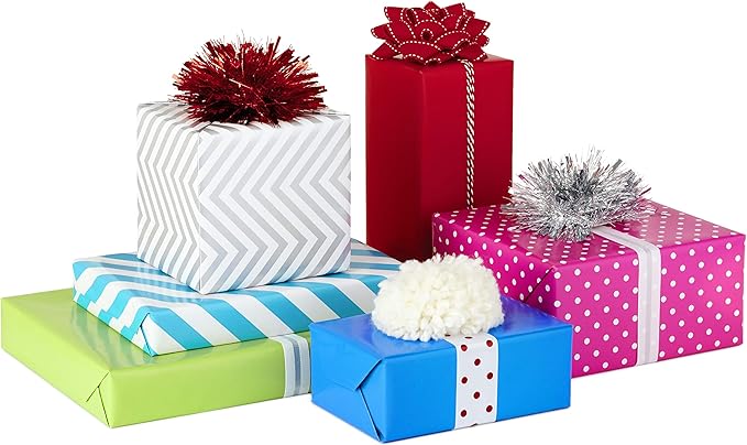 Hallmark All Occasion Wrapping Paper Bundle with Cut Lines on Reverse (Pack of 6; 180 sq. ft. ttl.) Solids, Polka Dots & Stripes for Birthdays, Easter, Mothers Day, Weddings, Baby Showers (5JXW1746)