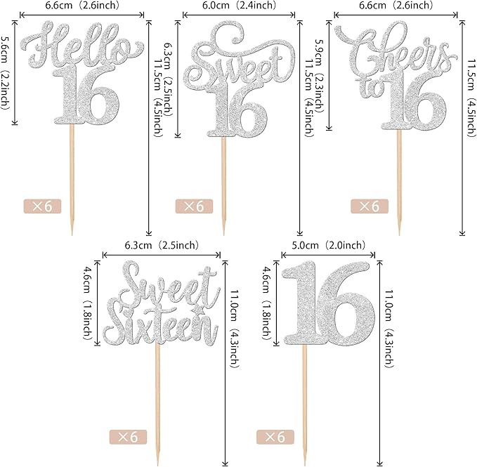 30PCS Happy 16th Birthday Cupcake Toppers Glitter Sweet Sixteen Hello 16 Cupcake Picks Cheers to 16 Birthday Decorations for 16th Birthday Anniversary Party Cake Decoration Supplies Silver